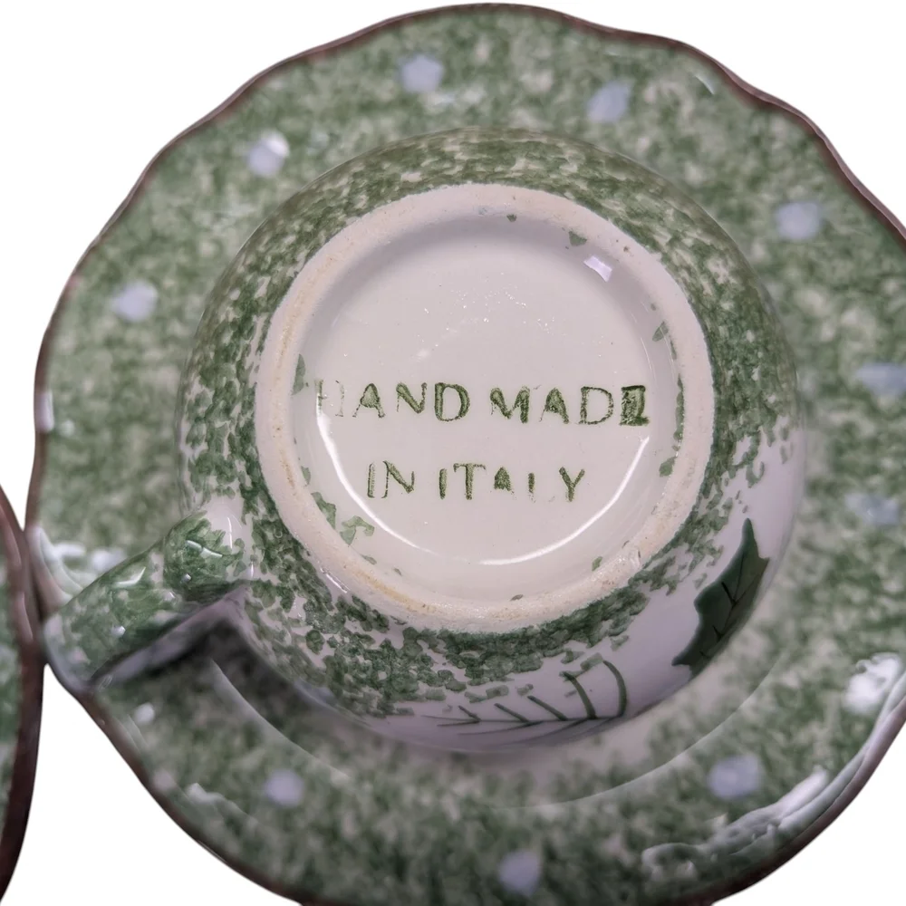 Festive Green White Holly Mistletoe Teacup Set Matching Cups Saucers Coffee Tea